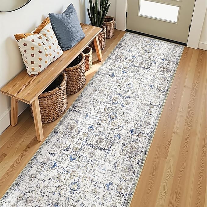 jinchan Runner Rug 2x8 Washable Hallway Rug Vintage Indoor Thin Retro Floor Cover Distressed Floral Country Lightweight Non Slip Carpet for Entryway Bathroom Kitchen Bedroom Living Room Stairway Blue