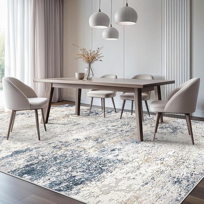 Area Rug Living Room Rugs - 10x13 Large Soft Indoor Neutral Modern Abstract Low Pile Washable Rug Carpet for Bedroom Dining Room Farmhouse Home Office - Beige Blue