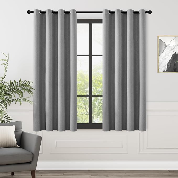 ChrisDowa 100% Blackout Grey Solid Curtains 63 Inches Long 2 Panels for Bedroom Living Room,Farmhouse Room Darkening Thermal Insulated Soundproof Grommet Top Window Treatment Drapes,52x63