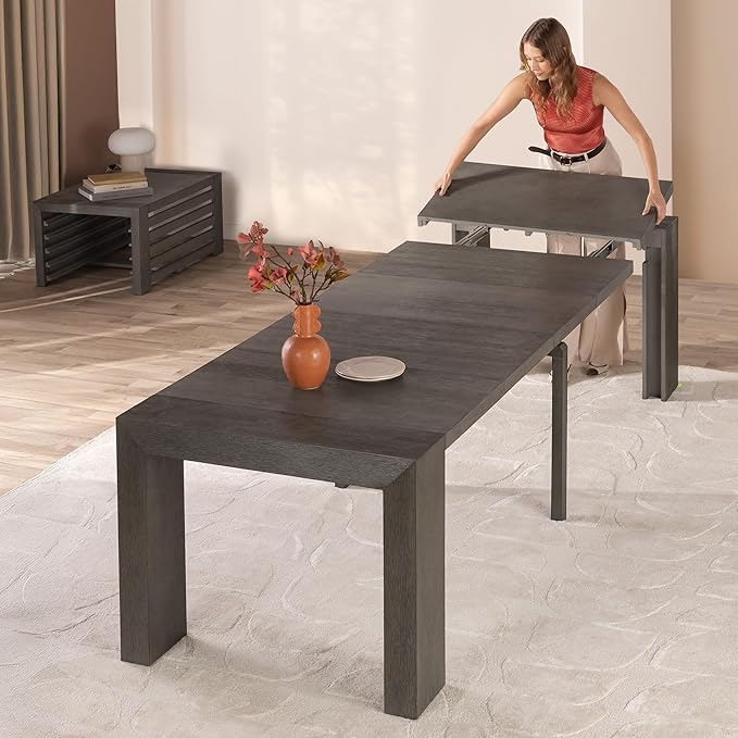 Transformer Table - Solid Wood Extendable Dining Table, Seats 2-12, Extendable Dining Room Table, Space-Saving Furniture, Expandable Dining Furniture (Dark Grey, Table + Coffee Table)