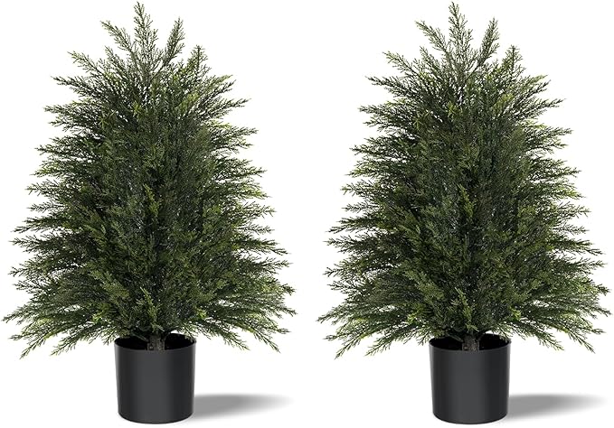 2FT Artificial Cedar Trees Set of 2, Realistic Faux Evergreen Topiary Bushes Plants, Outdoor Potted Fake Cypress Shrubs for Front Porch Garden Home Living Room Decor