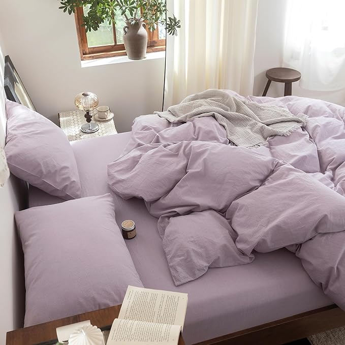 FOSSA Duvet Cover Set 100% Washed Cotton Linen Feel Super Soft Breathable Cozy 3 Pieces Bedding Sets Solid Light Purple King