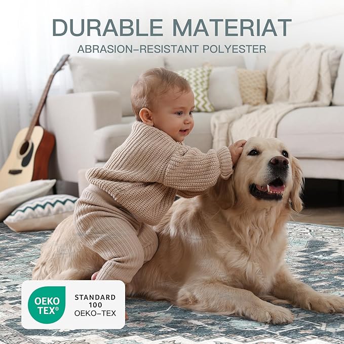 5x7 Vintage Washable Area Rug for Living Room,Low Pile Non Slip Carpet Non-Shedding Area Rug Soft Indoor Stain Resistant Rug Boho Print Mat for Bedroom Dining Room Blue Beige Multi