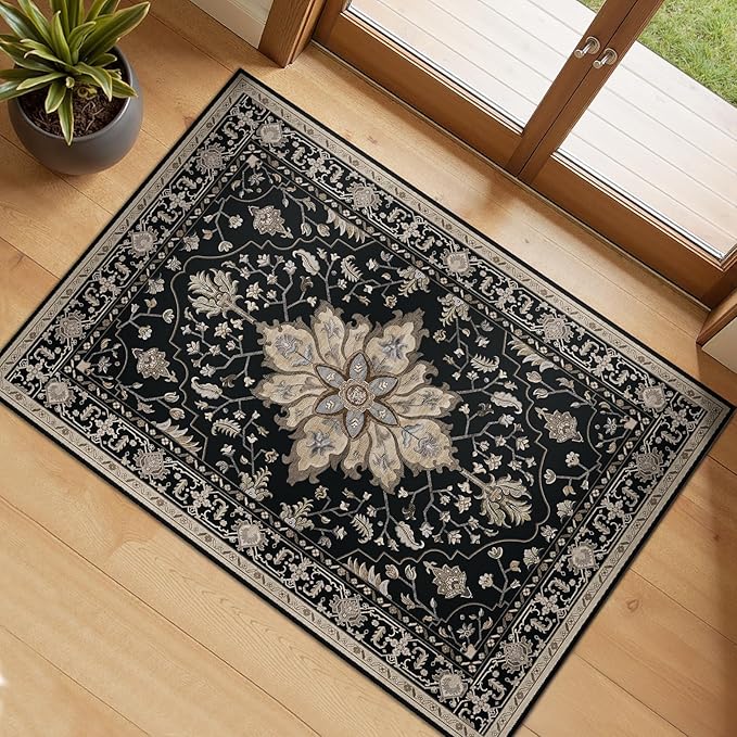 Area Rugs 2'x3' Washable Non-Slip, Floral Vintage Distress Print Pattern Medallion Carpet for Living Room Bedroom Dining Room, Black Brown Neutral Dark Tan