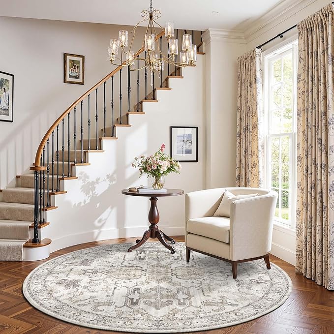 jinchan Round Rug 6ft Area Rug Vintage Floor Mat Kitchen Indoor Ultra-Thin Soft Floral Print Washable Circle 6' Accent for Farmhouse Non Slip Dining Room Living Room Bedroom Office Taupe