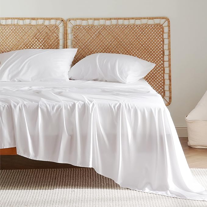 Bedsure Queen Sheet Set, Cooling Sheets for Queen Size Bed Set, Rayon Derived from Bamboo, Breathable & Soft, Deep Pocket Up to 16 Inches, Hotel Luxury Silky Bedding for Hot Sleepers, White