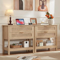 LEYAOYAO 31.5" Wide Rattan Night Stand Set 2 with Charger Station, Oversized Large Boho Nightstand with 2 Drawer, Natural Wood Bed Side End Tables, Tall Bedside Table for Bedroom Living Room, Hallway