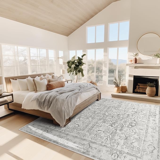 jinchan 9x12 Machine Washable Area Rugs for Living Room - Vintage Floral Stain Resistant Low Pile Ultra-Thin Non Slip Accent Rug for Bedroom Kitchen Dining Room Home Office (9x12ft,Grey)