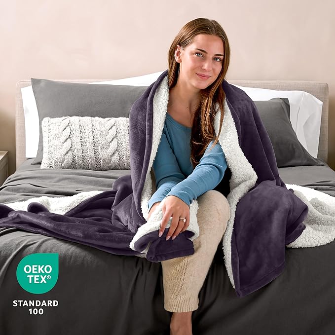 Bare Home Sherpa Fleece Blanket - Twin/Twin Extra Long - Blanket for Bed, Sofa, and Couch - Warm & Lightweight - Fluffy & Soft - Reversible (Twin/Twin XL, Eggplant)