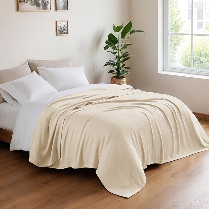 Twin Size Blanket, 70% Rayon (Derived from Bamboo) and 30% Cotton, Lightweight Jacquard Weave, Breathable and Soft Summer Blanket for Bed or Couch, 66” x 90”, Ivory