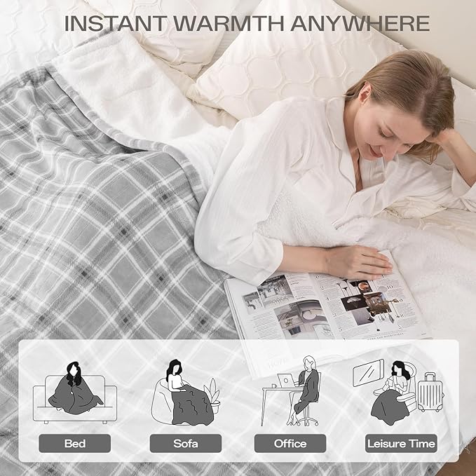 Heated Blanket Electric Twin, Heating Blanket with 8 Fast Heating Levels & 10 Hours Auto Shut-Off, Grey White Plaid Washable Warm Soft Flannel Blanket Gift for Couch Bed Office, ETL Certified