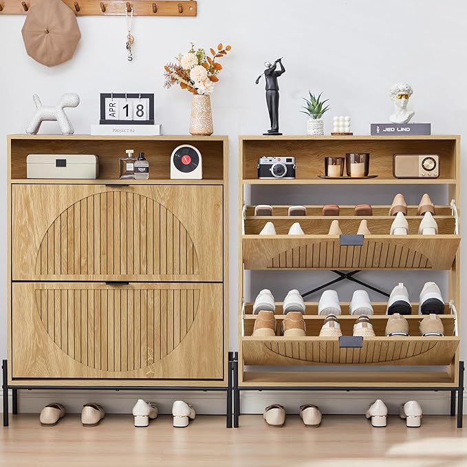47" Fluted Large Shoe Cabinet with 4 Flip Drawers, Slim Freestanding Shoe Cabinet Organizer, Narrow Shoes Storage Rack for Entryway, 5 Sturdy Legs (All Natural-2 drawers, 9.45"D x 31.5"W x 41.93"H)
