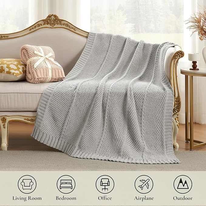 Amélie Home Chevron Chenille Knit Throw Blanket for Couch, Cozy Texture Decorative Soft Blanket for Sofa & Chair, 60"x80", Light Grey