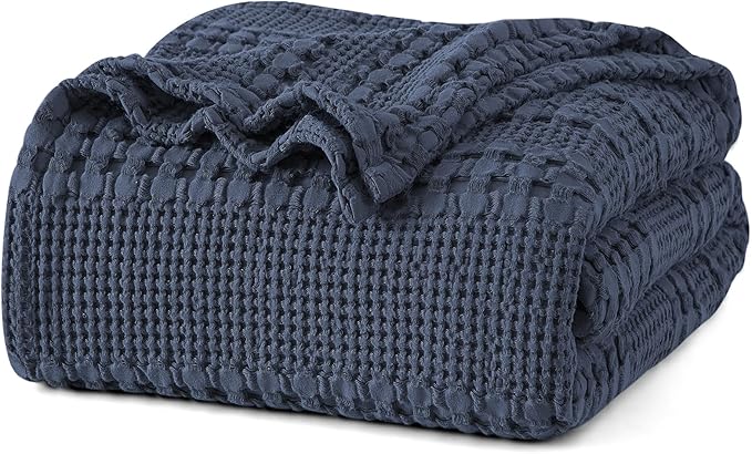 PHF 100% Cotton Waffle Weave Blanket King Size for Bed, Soft Lightweight & Breathable, All-Season Comfort, Luxury Aesthetic Woven Bedding for Home Decor, 108"x90", Indigo