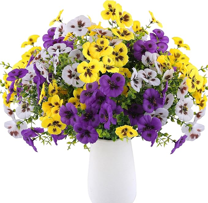 18 Pcs Artificial Fake Pansy Flowers for Outdoor, Faux Silk Pansies Spring Flowers for Outside for Planter Front Door Porch Yard Patio Window Box Home Decor (18, Purple, Yellow, White)
