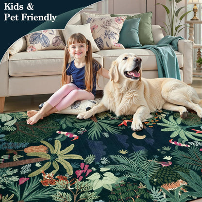 LIVEBOX Washable Jungle Dark Green Rugs 9x12 for Living Room, Stain Resistant Soft Kids Area Rugs for Bedroom, Non-Skid Modern Dining Room Rug Floor Carpet for Playroom Kids Nursery