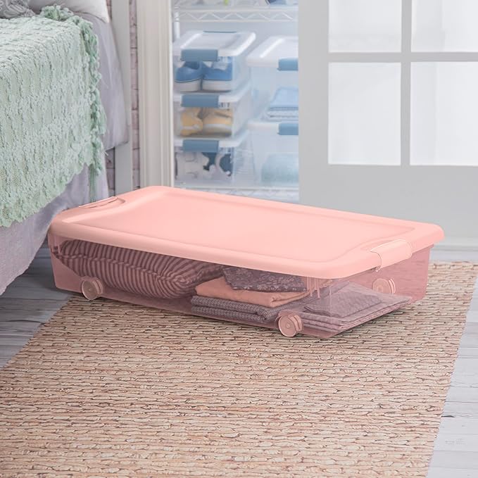 Sterilite 4 Pack Wheeled Under Bed Storage Container, 56 Qt Plastic Bin w/Latching Lid for Organization - Clothes & Shoes Organizer, Pearl Blush Tint