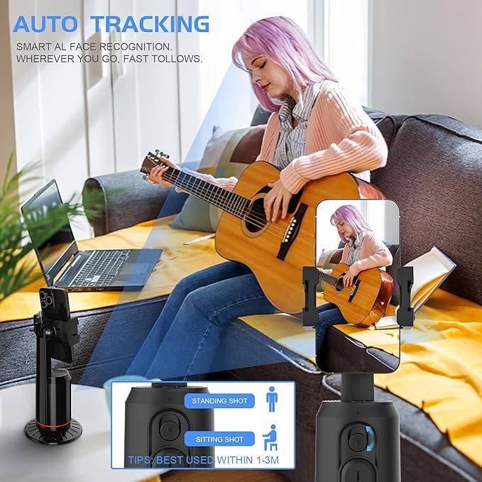 Auto Face Tracking Phone Holder for Phone, GoPro, Compact Camera, 360° Rotation Mount with Remote Compatible with Tripod, Rotating Stand for iPhone for Vlog, Streaming, Video, FaceTime, TIK Tok