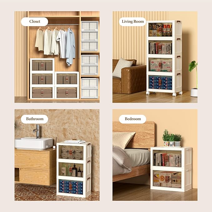 130 QT Large Plastic Storage Bins with Lids Open Front, Stackable Storage Containers with Wheels for Clothes, Home, Room, White, 4 Tiers