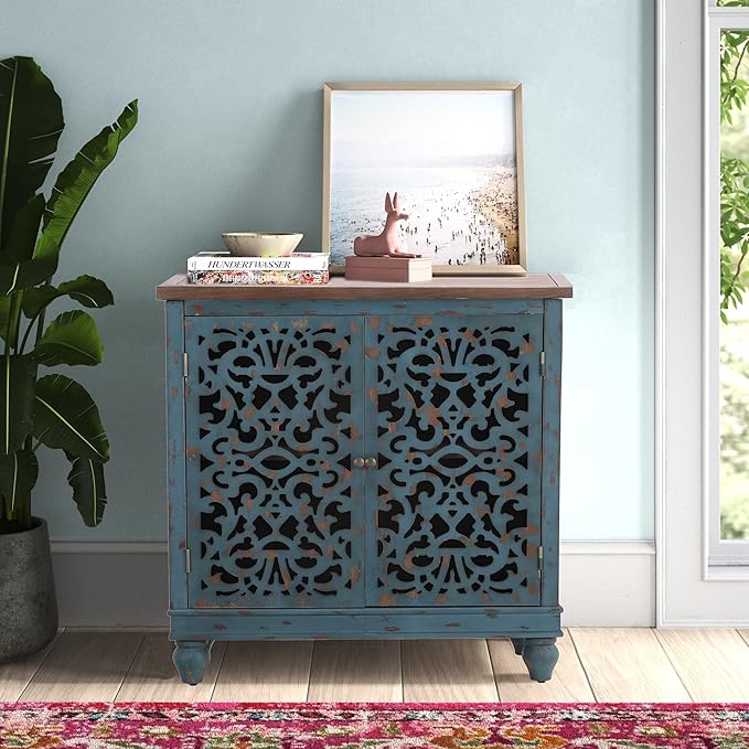 PHI VILLA Blue Accent Cabinets, Small Buffet Sideboad Cabinet, Hollow Carved 2 Door Credenza, Farmhouse Storage Cabinet for Living Room