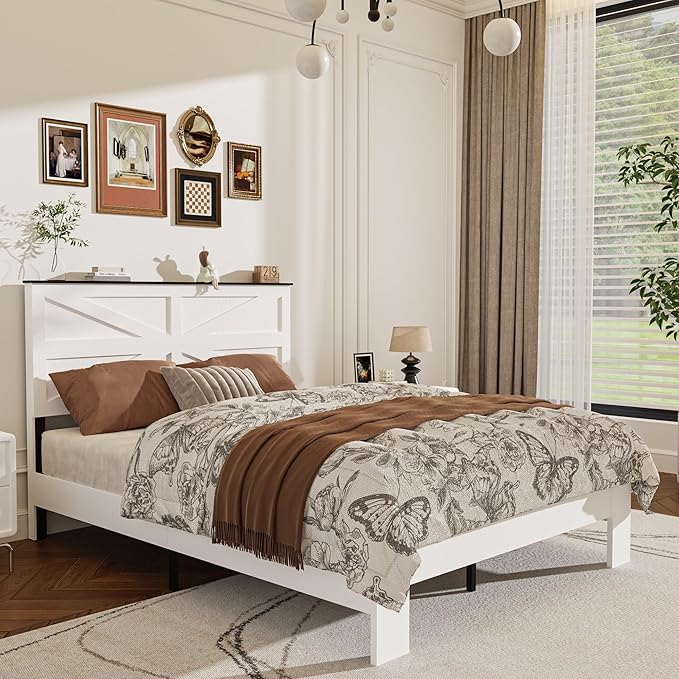 Queen Size Farmhouse Wooden Bed Frame with Headboard, Boho Platform Bedframe Sturdy Metal Slats Support, Spring Needed, Noisy Free, Easy Assembly (Queen, White)
