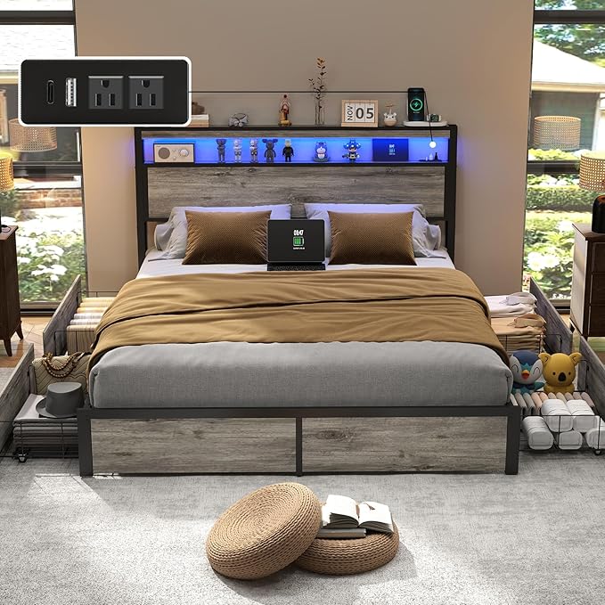 Full Size Bed Frame with 4 Storage Drawers and Headboard with Charging Station and LED Lights,2 Tier Solid Wood Headboard Storage/Noise Free/No Box Spring Needed/Remote Control/Rustic Grey