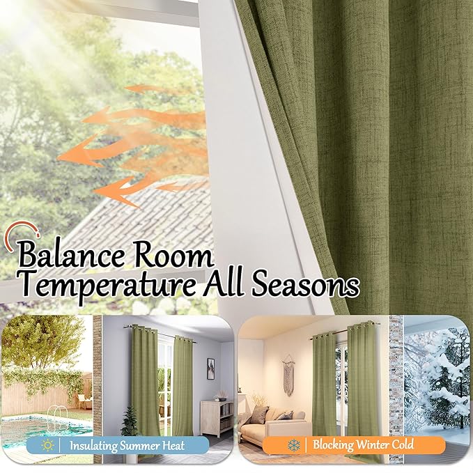 Olive Green Linen Blackout Curtains - 84 Inch Long Total Black Out Curtains for Bedroom Living Room, Thermal Insulated Room Darkening Light Blocking Faux Linen Curtains Each 52x84 Inch 2 Panels