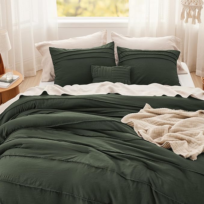Bedsure King Comforter Set - 4 Pieces Pinch Pleat Bed Set, Olive Green Boho Bedding for All Season, 1 Soft Comforter, 2 Pillowcases, 1 Decorative Pillow
