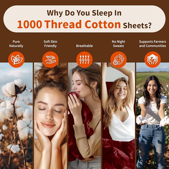 LBRO2M 1000 Thread Count 100% Egyptian Cotton Sheets Set Twin, 3 Piece Sets Bed Sheet Deep Pocket Sheet Set 16" Soft Comfortable All Season (Twin, Burgundy)