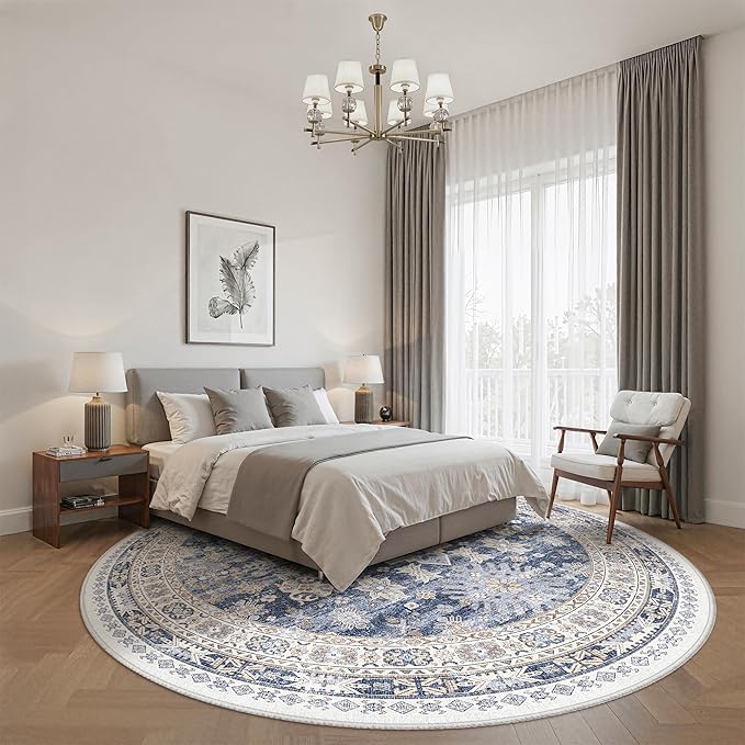 zesthome 9ft Round Rugs for Living Room, Non-Slip Washable Round Area Rugs, Ultra-Thin Large Circle Rugs, Soft Low Pile Rug for Bedroom, Kitchen - Vintage Stain Resistant Round Rug (Blue/Beige,9'x9')