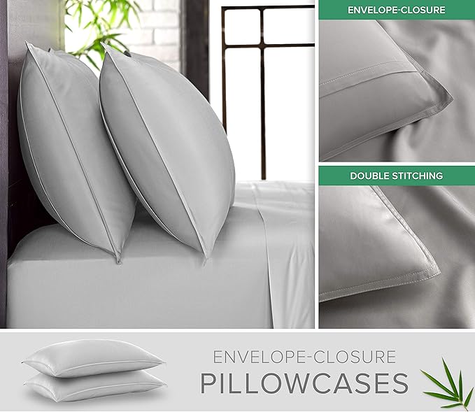 Pure Bamboo Twin XL Sheets, Genuine 100% Organic Viscose Derived from Bamboo Bed Sheet Set, Luxuriously Soft & Cooling, Double Stitching, 2 Year Quality Promise (Twin XL, Silver Pearl)