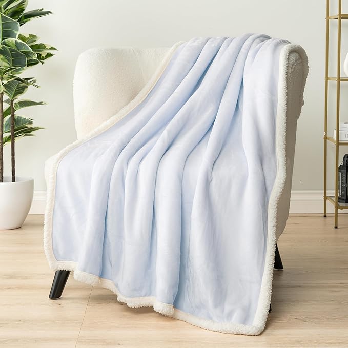 PAVILIA Sherpa Fleece Throw Blanket for Couch, Light Blue, Plush Soft Fuzzy Sofa Blanket, Cozy Reversible Winter Throw for Women Men, 50x60 Inches