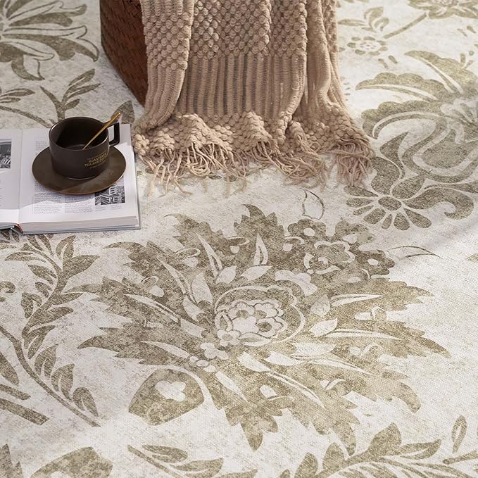 jinchan Torino Runner Rugs 3x10, Vintage-Inspired Floral Neutral Design Machine Washable Non-Slip Ultra-Thin Low-Pile Rubber Backing Traditional Rug for Kitchen Hallway Laundry Room Entryway Taupe