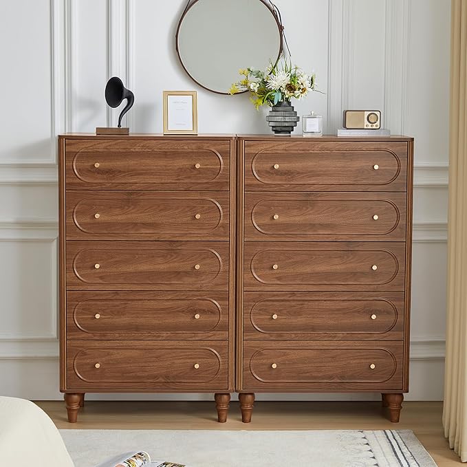 Fluted 5 Drawer Dresser for Bedroom Set of 2, Modern Mid Century Chest of Drawers, Wood Storage Large Dresser Organizer for Bedroom Living Room Closet Hallway, Walnut