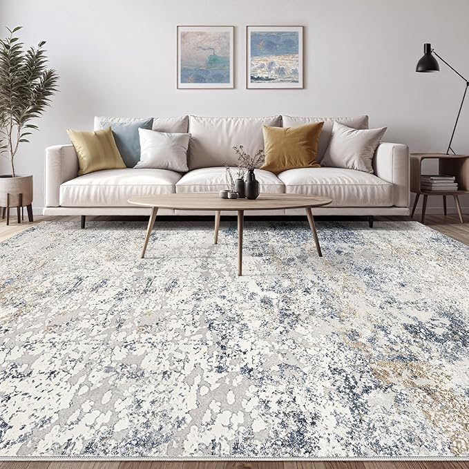 Area Rug Living Room Rugs - 10x12 Large Soft Indoor Neutral Modern Abstract Low Pile Washable Rug Carpet for Bedroom Dining Room Farmhouse Home Office - Beige Blue