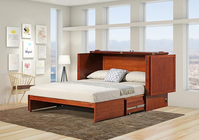 Emurphybed Paradiseo Murphy Cabinet Chest Bed with Charging Station 6 Inch, Queen (Cherry)