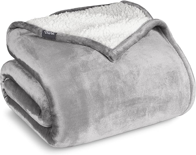 Bare Home Sherpa Fleece Blanket - King Size - Blanket for Bed, Sofa, and Couch - Warm & Lightweight - Fluffy & Soft - Reversible (King, Light Grey)