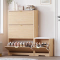 Slim Shoe Cabinet with Bench for Entryway, Hidden Storage and Adjustable Shelves, Free Standing Wooden Shoes Organizer for Hallway, Foyer