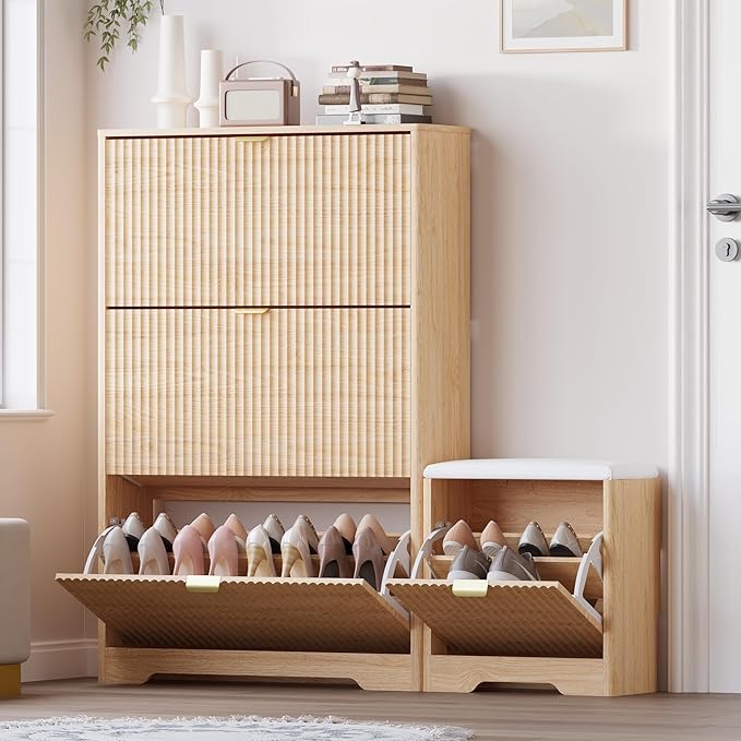 Slim Shoe Cabinet with Bench for Entryway, Hidden Storage and Adjustable Shelves, Free Standing Wooden Shoes Organizer for Hallway, Foyer