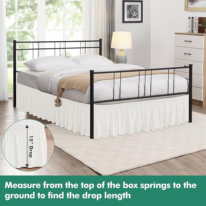 Biscaynebay Wrap Around Bed Skirts with Split Corners for Queen Beds 15" Drop, Ivory Adjustable Elastic Dust Ruffles Easy Fit Wrinkle Resistant Silky Luxurious Fabric Machine Washable
