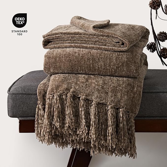 EVERGRACE Soft Chenille Throw Blanket for Couch, Cozy Plush Fuzzy Decorative Chenille Knit Throw Blanket with Tassels, Lightweight Blanket and Throws for Bed Sofa Gift Home Decor, Mocha Brown 50"x60"