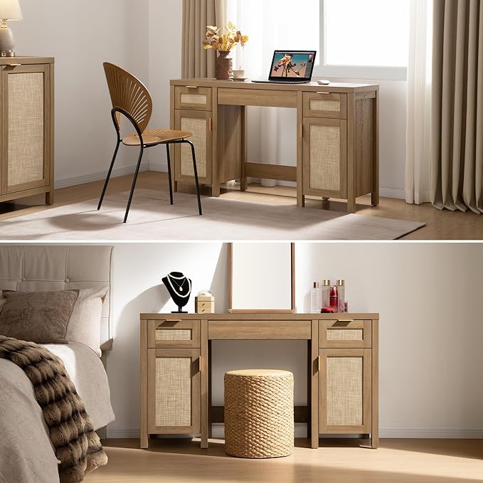 SICOTAS 2 Pieces Rattan Vanity Home Office Desk - Big Boho Makeup Vanities Benches with Drawers & Storage Cabinets, Dressing Vanity Table for Makeup Room, Bedroom, Home Office, Oak