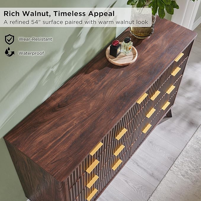 T4TREAM Fluted 9 Drawers Dresser, 54" Wide Modern Chest of Drawers, Curved Profile Design, Dresser TV Stand, Wood Drawer Organizer for Bedroom, Living Room, Hallway, Dark Walnut