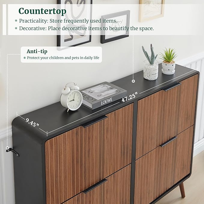 47" Fluted Large Shoe Cabinet with 4 Flip Drawers, Slim Freestanding Shoe Cabinet Organizer, Narrow Shoes Storage Rack for Entryway, 5 Sturdy Legs (Walnut with black, 9.45"D x 47.24"W x 35.83"H)