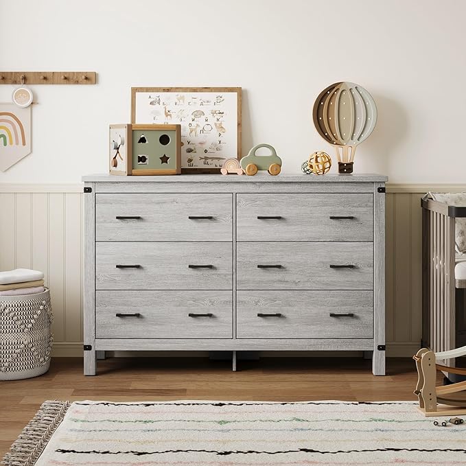 LINSY HOME Farmhouse 6 Drawer Double Dresser for Bedroom, 53” Wide Rustic Wood Chest with Deep Drawers, Modern Dressers with Storage and Metal Handles for Closet, Living Room, Hallway, Wash Grey