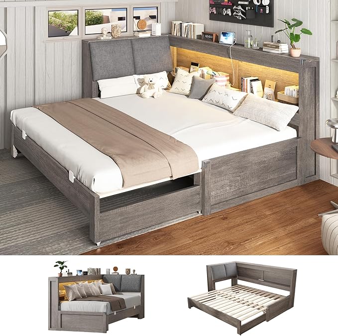 Corner Bed Frame with Trundle and Bookcase Upholstered Headboard, 3-in-1 Twin Size Wood Daybed with Extendable Bed, LED Lights and Charging Station, for Bedroom, Guest Room, Grey