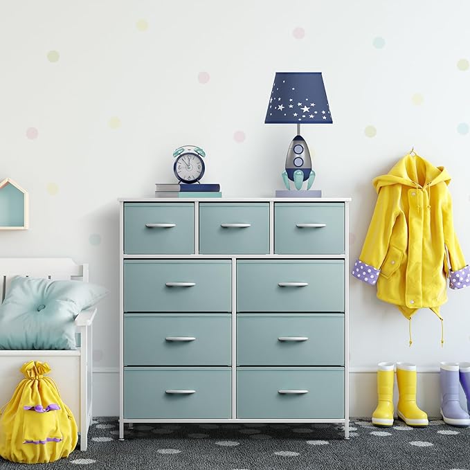 Sorbus Kids Dresser with 9 Drawers - Furniture Storage Chest Tower Unit for Bedroom, Hallway, Closet, Office Organization - Steel Frame, Wood Top, Fabric Bins (Aqua, Solid)