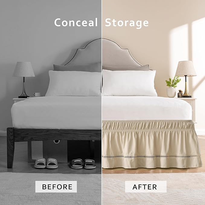 MIYE Wrap Around Ruffled Lace Bed Skirt, Elastic Dust Ruffle with Adjustable Belts, Easy to Put On, Bed Frame Cover, Machine Washable (Ruffled Lace/Beige, Full/Twin-15 Drop)