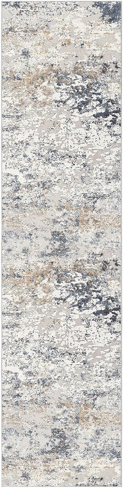 Washable Runner Rug for Hallway: 2.6x12 Neutral Modern Abstract Low Pile Area Rug with Non-Slip Backing - Carpet for Bedroom Kitchen Laundry Entryway Bathroom Indoor - Beige Blue