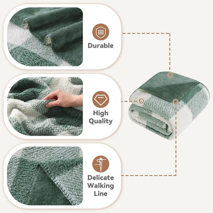LURKA Checkered Sherpa Fleece Twin-Size Bed Blanket - Extra Thick and Warm Winter Soft Fuzzy Plush Blanket for Couches, Beds & Pets, Sage, 60x80 Inches